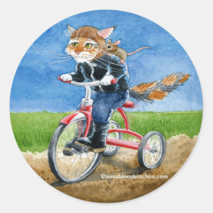 Cute cat on tricycle cartoon sticker