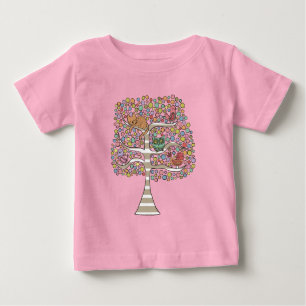 Cute Cat Owl & Birds Sittin in a Tree Illustration Baby T-Shirt