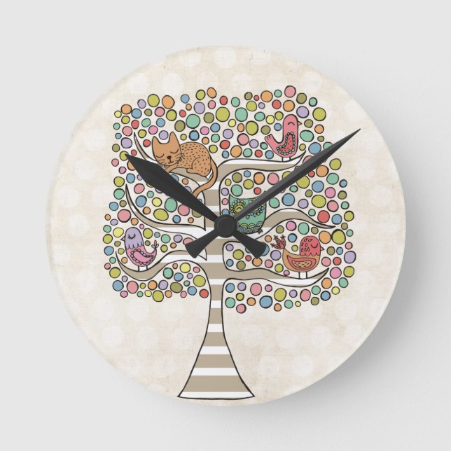 Cute Cat Owl & Birds Sittin in a Tree Illustration Round Clock (Front)