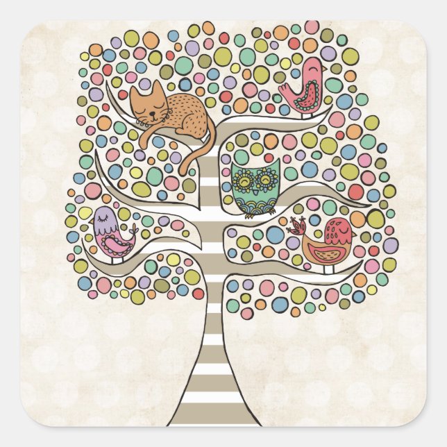 Cute Cat Owl & Birds Sittin in a Tree Illustration Square Sticker (Front)