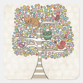 Cute Cat Owl & Birds Sittin in a Tree Illustration Square Sticker