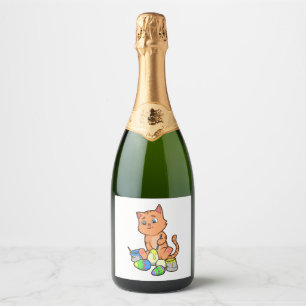 Cute Cat Painting Easter Eggs On Easter Day Sparkling Wine Label