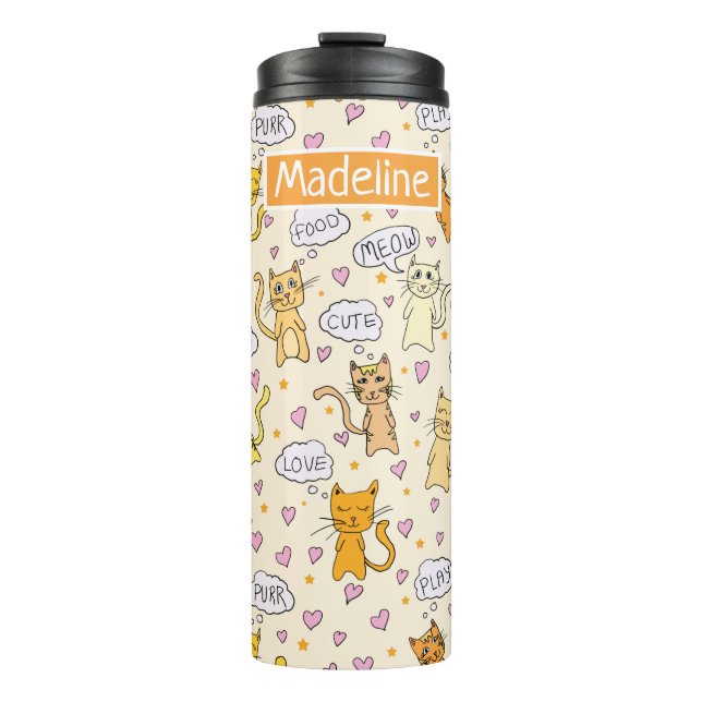 Cute Cat Pattern Add Name Thermal Tumbler (Front)