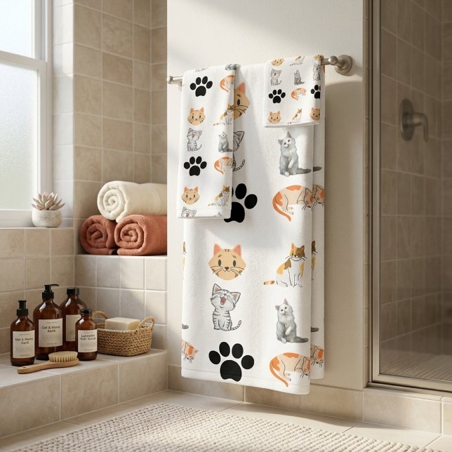 Cute Cat Pattern Bath Towel Set - Kawaii Kitten  (Creator Uploaded)