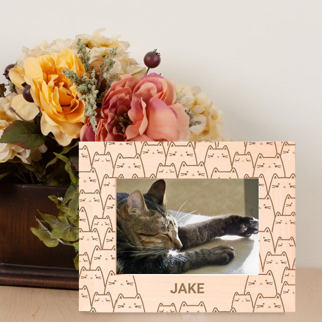 Cute Cat Pattern Custom Name Etched Frames (A cute frame to display a cherished photo of a furry family member. )