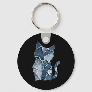 Cute Cat Pattern Denim Patchwork Funny Cat Lover Keychain