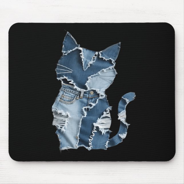 Cute Cat Pattern Denim Patchwork Funny Cat Lover  Mouse Pad (Front)