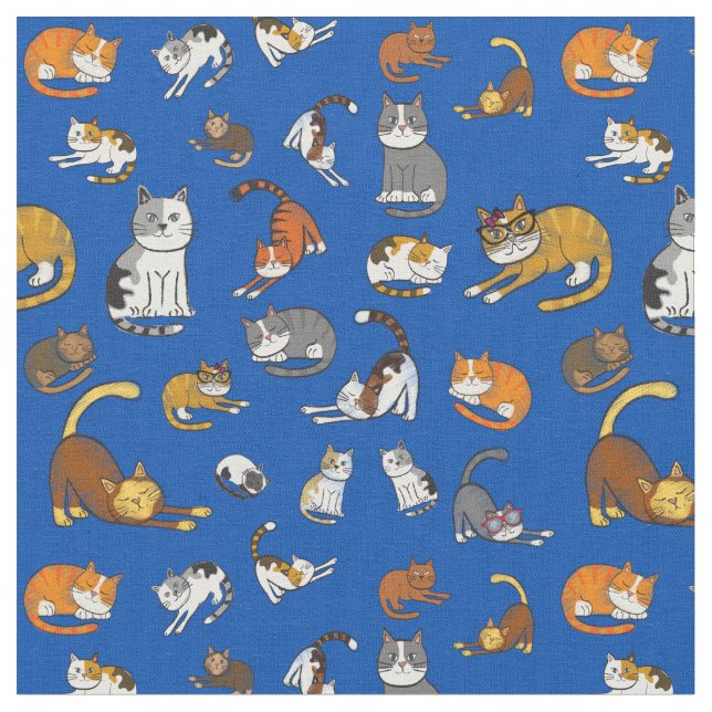 cute cat pattern design for cat lovers- blue back fabric (Close Up)