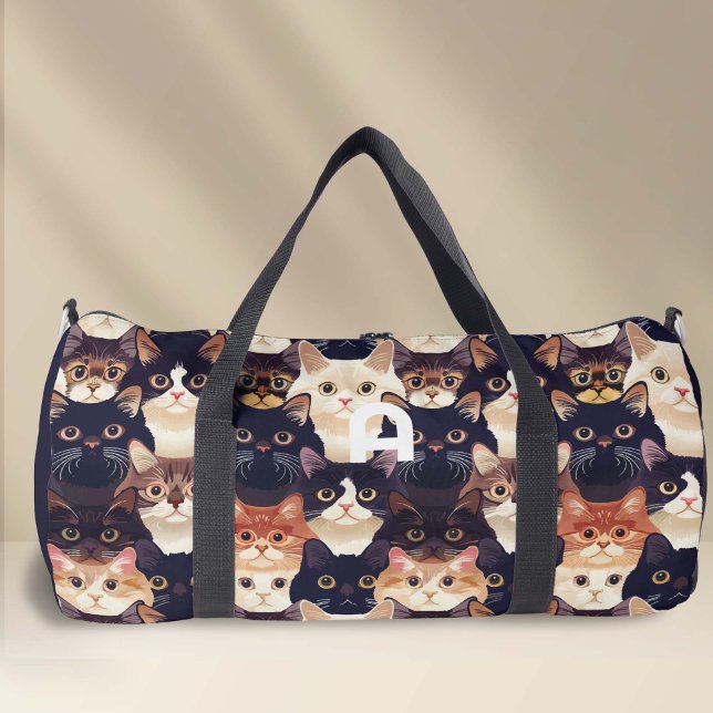 Cute cat pattern, monogrammed  duffle bag (Cat pattern, monogrammed duffel bag for cat lover.)
