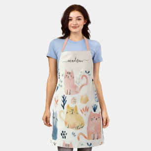 Cute cat pattern script name apron