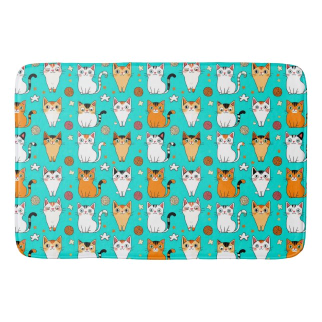 Cute Cat Pattern With Colourful Cats, Yarn Balls Bath Mat (Front)