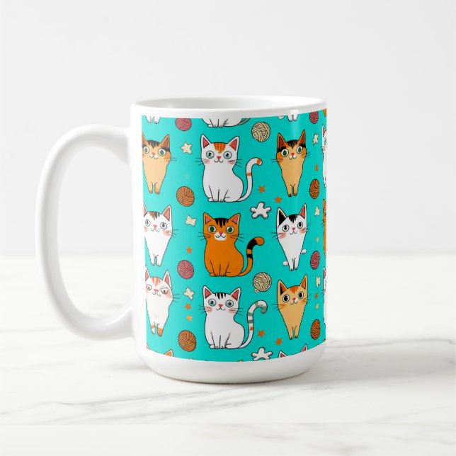 Cute Cat Pattern With Colourful Cats, Yarn Balls Coffee Mug (Left)