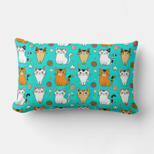 Cute Cat Pattern With Colourful Cats, Yarn Balls Lumbar Pillow