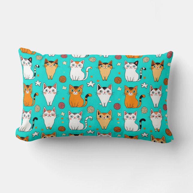 Cute Cat Pattern With Colourful Cats, Yarn Balls Lumbar Pillow (Front)