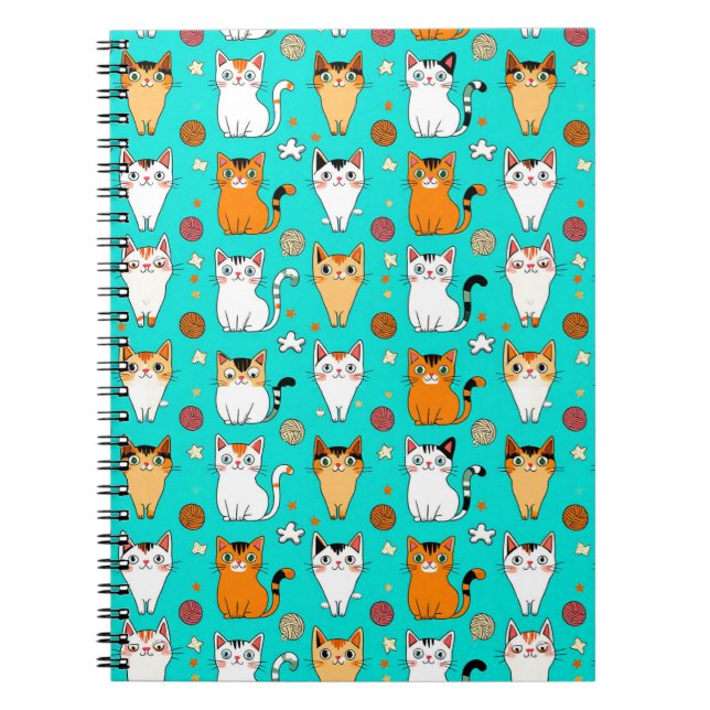 Cute Cat Pattern With Colourful Cats, Yarn Balls Notebook (Front)