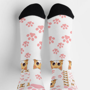 Cute Cat & Paw Print Socks,Crew Socks