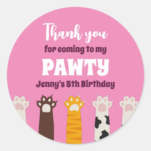 Cute Cat Paws Kids Pawty Animals Birthday Party Classic Round Sticker (Front)