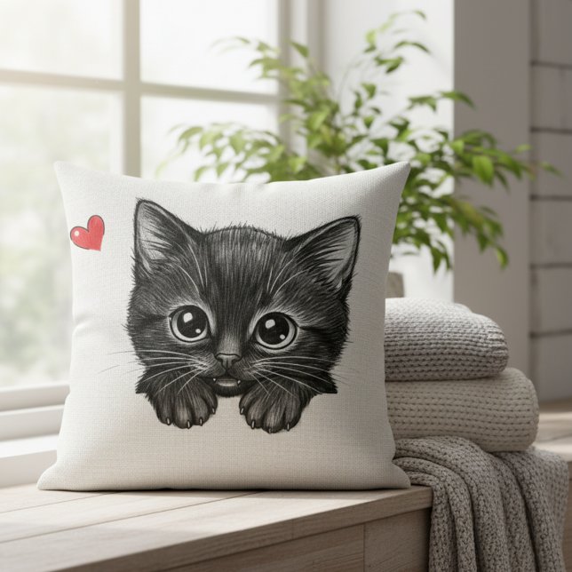 Cute Cat Peeking Black Kitten Heart Throw Pillow (Creator Uploaded)