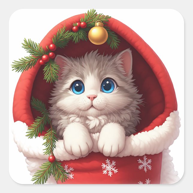 🎅 Cute Cat Peeking From Holiday Stocking 🐾 Square Sticker (Front)