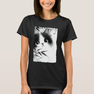Cute Cat Peeking Through Bamboo Japanese Sumi-e Ar T-Shirt