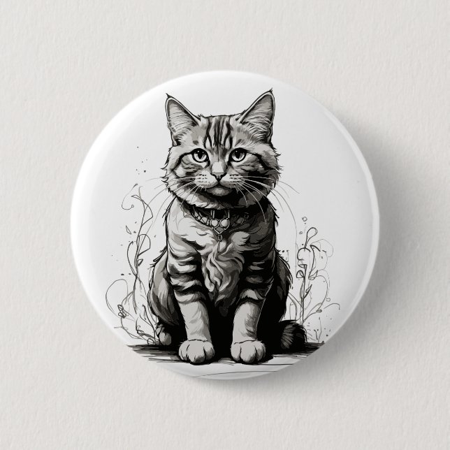 Cute Cat Pencil Sketch 2 Inch Round Button (Front)