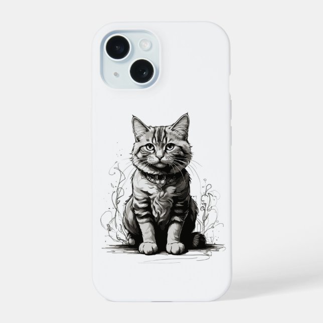 Cute Cat Pencil Sketch iPhone 15 Case (Back)