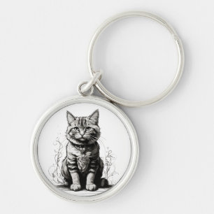Cute Cat Pencil Sketch Keychain