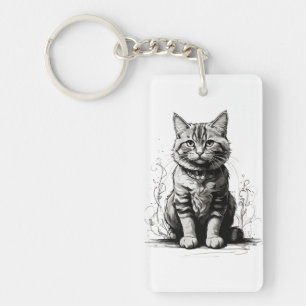 Cute Cat Pencil Sketch Keychain