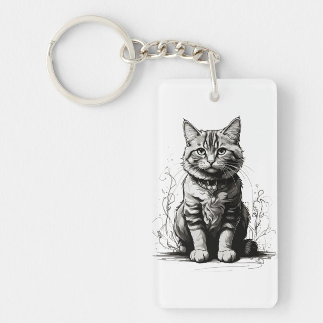 Cute Cat Pencil Sketch Keychain (Front)