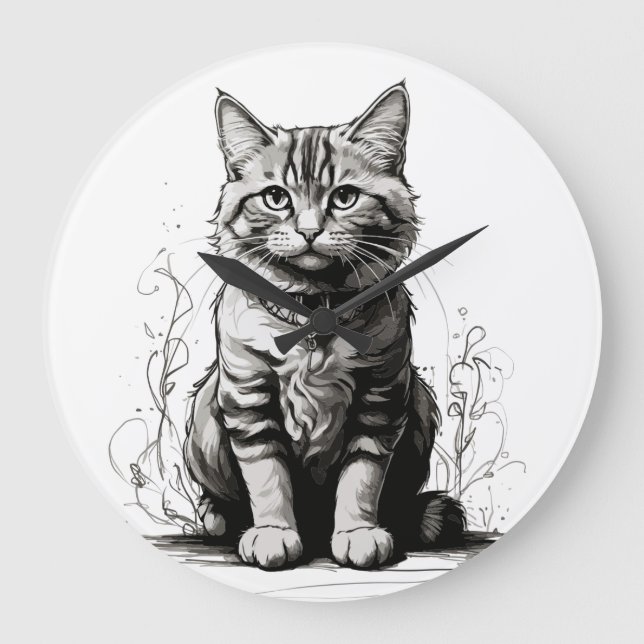 Cute Cat Pencil Sketch Large Clock (Front)