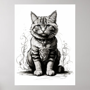 Cute Cat Pencil Sketch Poster