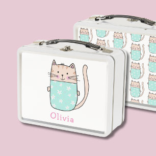 Cute Cat Personalized Custom Name Metal Lunch Box