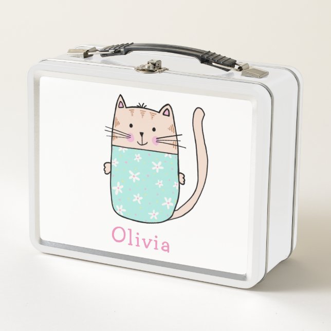 Cute Cat Personalized Custom Name Metal Lunch Box (Front)