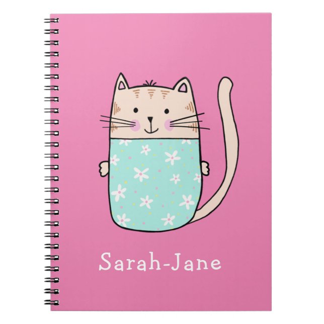 Cute Cat Personalized Custom Name Pink Notebook (Front)