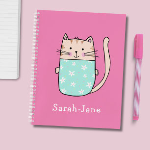 Cute Cat Personalized Custom Name Pink Notebook