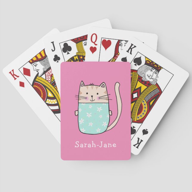 Cute Cat Personalized Custom Name Pink Playing Cards (Back)