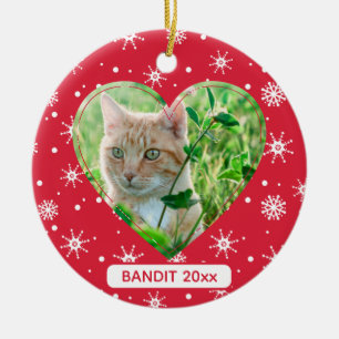 Cute Cat Pet Photo Snowflake Red Christmas Ceramic Ornament