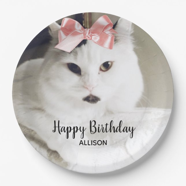 Cute Cat Photo Birthday White Pink Personalized Paper Plate (Front)