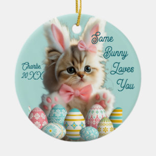 Cute Cat Photo Bunny Ears Blue  Ceramic Ornament