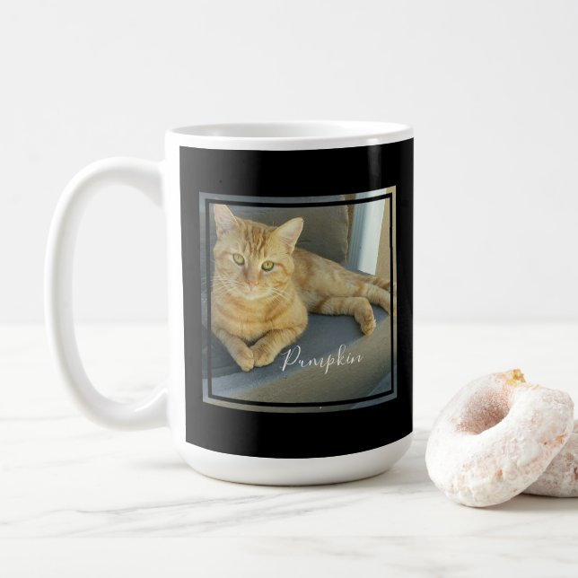 Cute Cat Photo Modern Black Customized Coffee Mug (With Donut)
