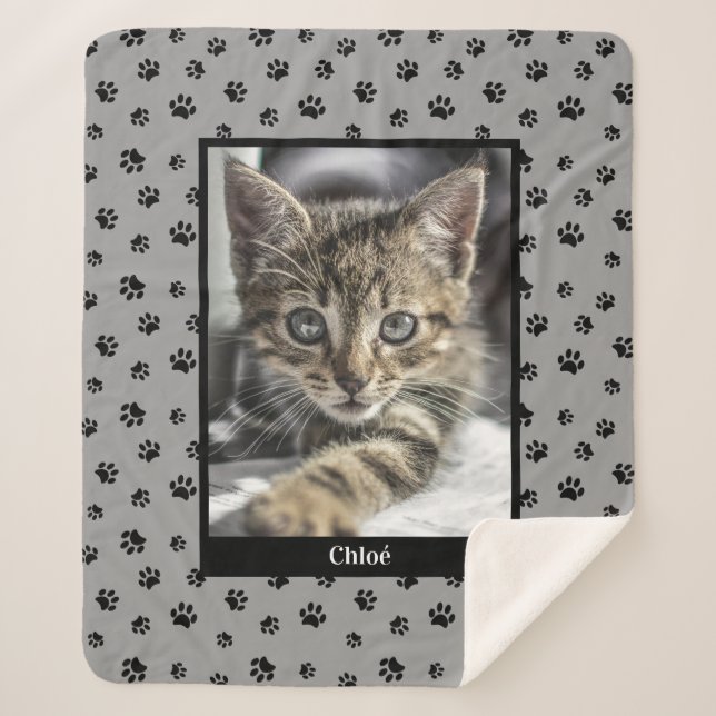 Cute Cat Photo Name Black Paw Prints Silver Grey Sherpa Blanket (Front)
