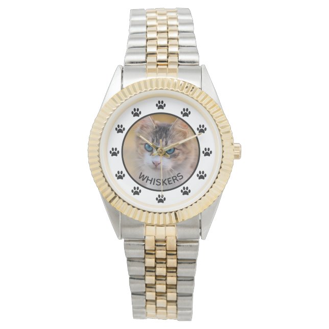 Cute Cat Photo Name Paw Prints Custom Watch (Front)