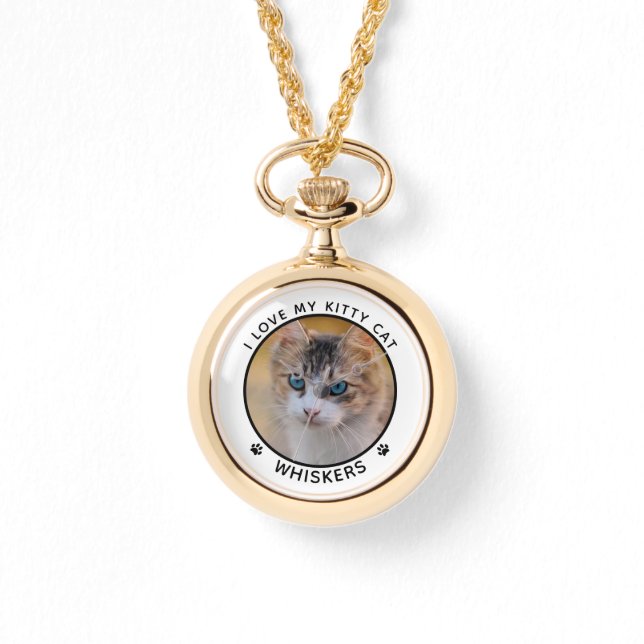 Cute Cat Photo Name Paw Prints Personalized Watch (Front)