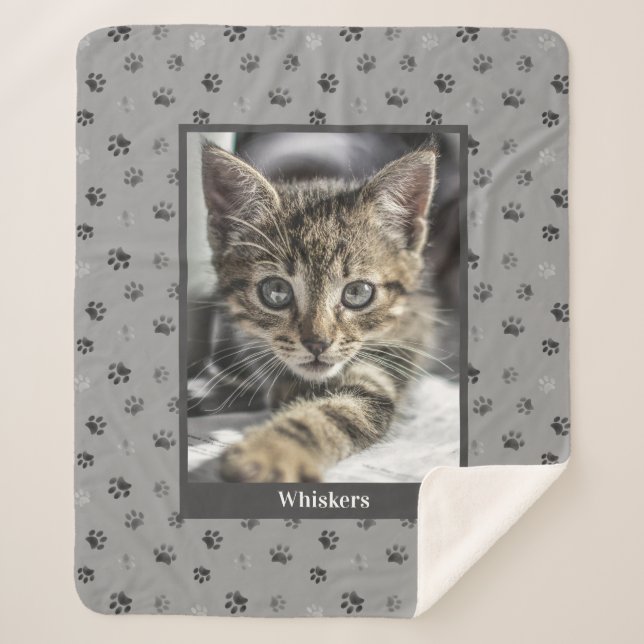 Cute Cat Photo Name Silver Grey Paw Prints Sherpa Blanket (Front)