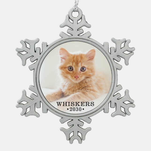 Cute Cat Photo Snowflake Pewter Christmas Ornament (Front)