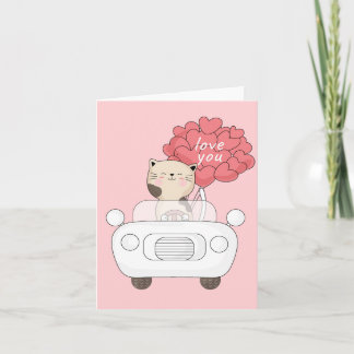 Cute Cat Pink Car I Love You Balloons Card