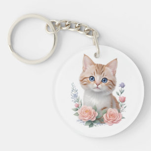 Cute Cat Pink Floral Keychain