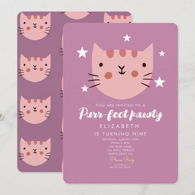 Cute Cat Pink Green Birthday Party  Invitation (Front/Back)