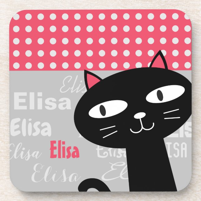 Cute cat pink polka dots personalized name coaster (Front)