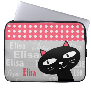 Cute cat pink polka dots personalized name laptop sleeve